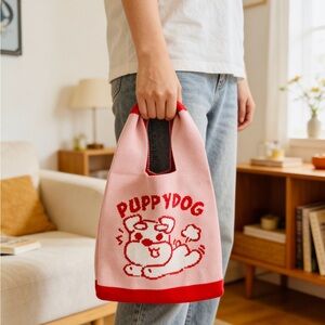 Pink and Red Puppy Dog Knit Tote